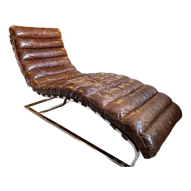 Restoration Hardware Leather Oviedo Chaise Lounge Chair in Vintage Cigar Leather With Chrome Base For Sale