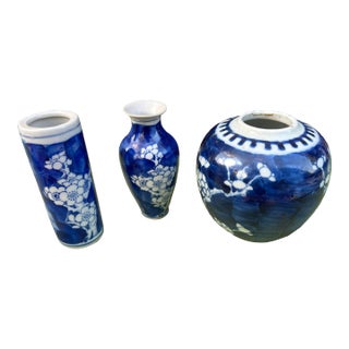 1970s Instant Collection of Blue and White Round and Skinny Vases- Set of 3 For Sale