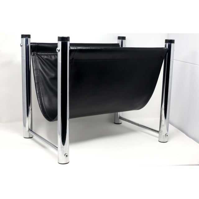 1970s Black Leather Sling and Chrome Magazine Rack Chairish