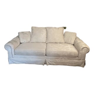 Vintage Kroehler Rolled Arm Damask Skirted Sofa in Othello Natural For Sale