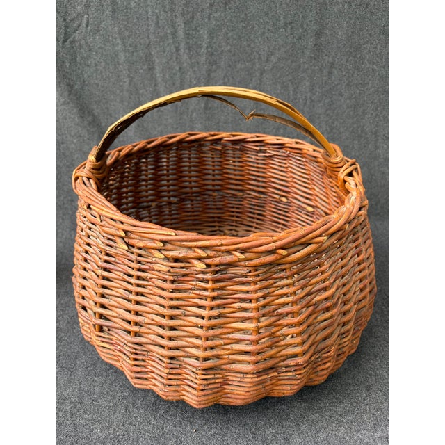 Large Antique Hand Woven Willow Gathering Basket Branch Handle For Sale - Image 4 of 17