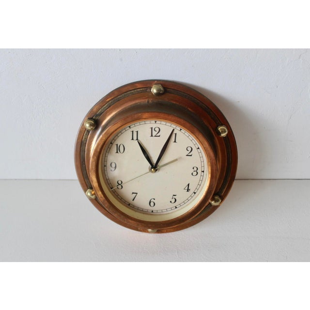 Vintage Mid-Century Korean Copper Brass Nautical Porthole-Style Wall Clock For Sale - Image 4 of 15