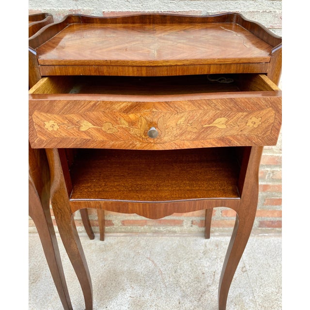 Pair of French Marquetry Bedside Tables with Drawer and Cabinet, 1940s For Sale - Image 13 of 13