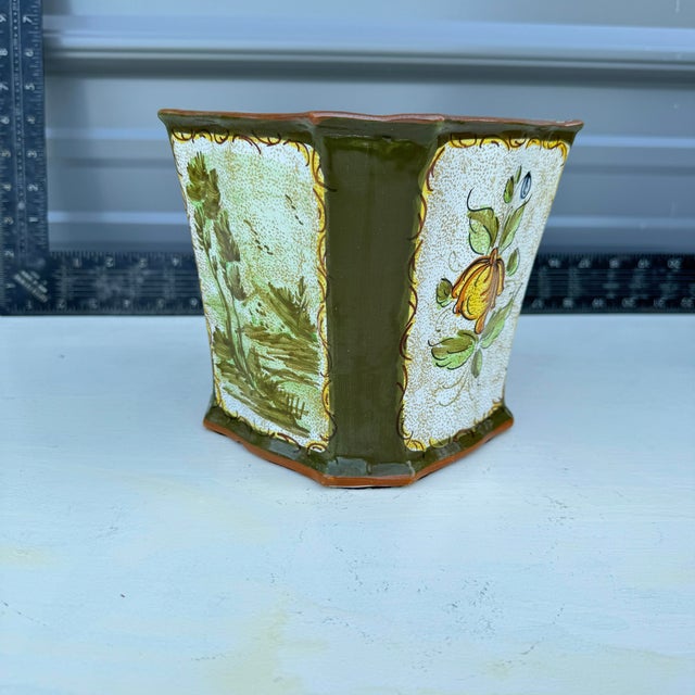 1960s Mid-Century Modern Italian Hexagonal Ceramic Planter With Green and Yellow Floral Design For Sale - Image 5 of 6