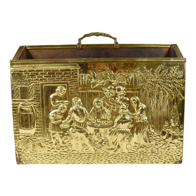 Vintage England Scene Embossed Brass and Wood Magazine Holder Rack by Lambard For Sale