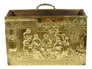Vintage England Scene Embossed Brass and Wood Magazine Holder Rack by Lambard