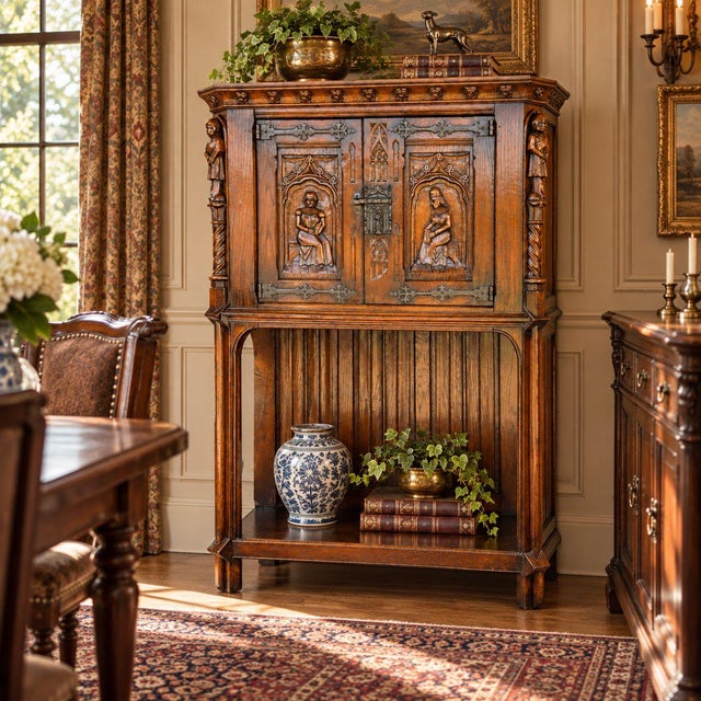 Gothic Antique Flemish-Style Gothic Revival Carved Oak Pass-Through Credence Cabinet, C. 1900. For Sale - Image 3 of 16