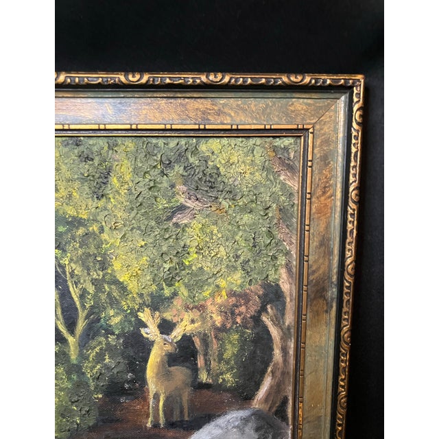 Mid-Century Modern 1950s Mid-Century Modern Rustic Deer Woodland Oil Painting With Heavy Impasto – Signed & Framed For Sale - Image 3 of 12