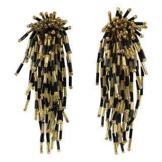 Waterfall Black and Gold Glass Beaded Dangle Clip Earrings For Sale