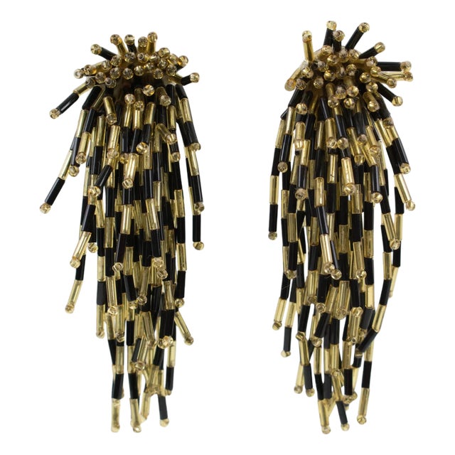 Waterfall Black and Gold Glass Beaded Dangle Clip Earrings For Sale