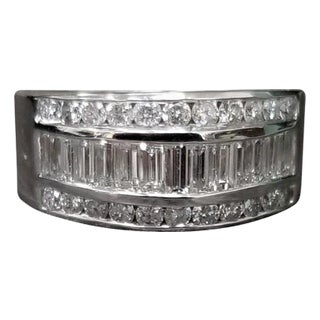 14 Karat White Gold 3-Row Baguette and Round Diamond Ring, Size 6 For Sale