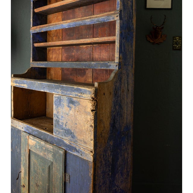 Rustic Blue Painted 19th Century Romanian Step Back Cupboard Cabinet For Sale - Image 11 of 18