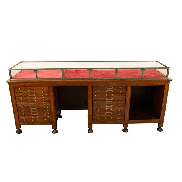 Antique Art Deco Jewelry Store Display Case Counter Walnut Bronze Glass 1920 For Sale - Image 12 of 18