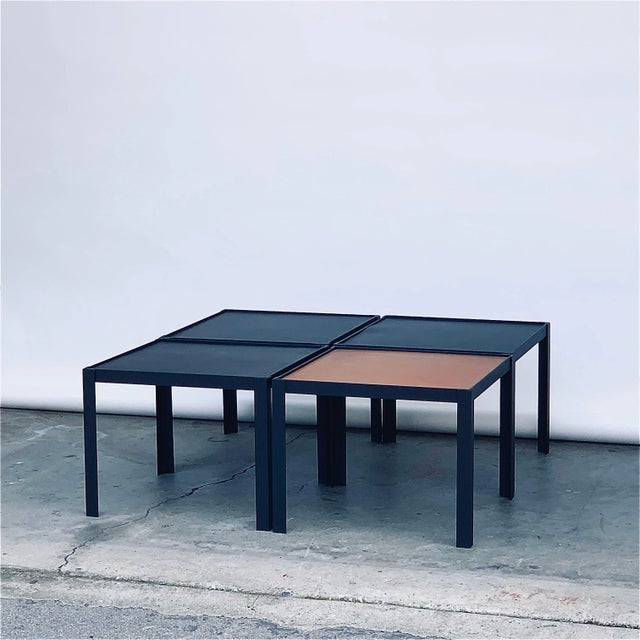 Black Pion' Black Leather and Patinated Brass Occasional Tables by Design Frères - Set of 4 For Sale - Image 8 of 12
