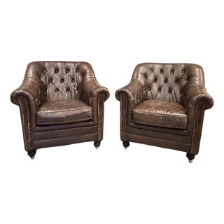 Restoration Hardware Distressed Leather Club Chairs, Pair – Tufted English Library Lounge Chairs With Rolled Arms & Brass Casters For Sale