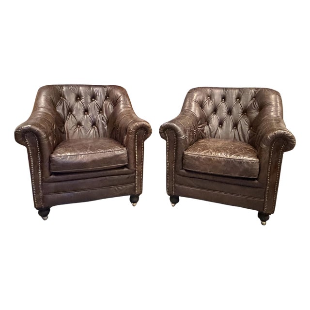 Restoration Hardware Distressed Leather Club Chairs, Pair – Tufted English Library Lounge Chairs With Rolled Arms & Brass Casters For Sale