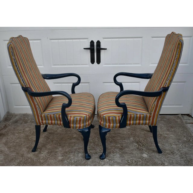 Hollywood Regency Hickory Chair High Back Armchairs Vintage Hollywood Regency Striped Accent Pair For Sale - Image 3 of 11