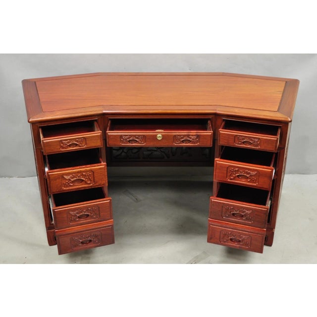 Vintage Chinese Bird Carved Hardwood Kneehole Writing Desk With Decorated Back For Sale - Image 14 of 18