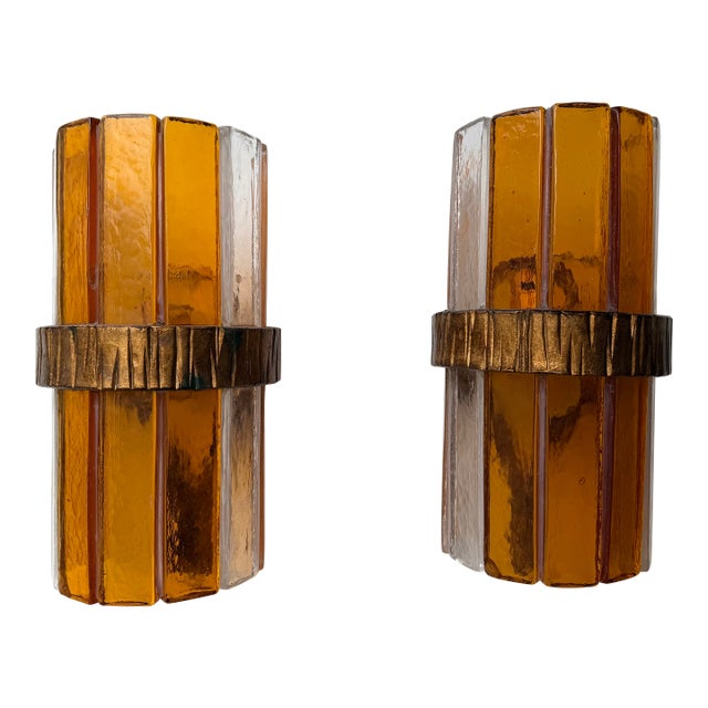 1970s Amber Glass Hammered Wrought Iron Sconces by Longobard - a Pair For Sale