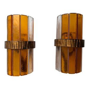 1970s Amber Glass Hammered Wrought Iron Sconces by Longobard - a Pair