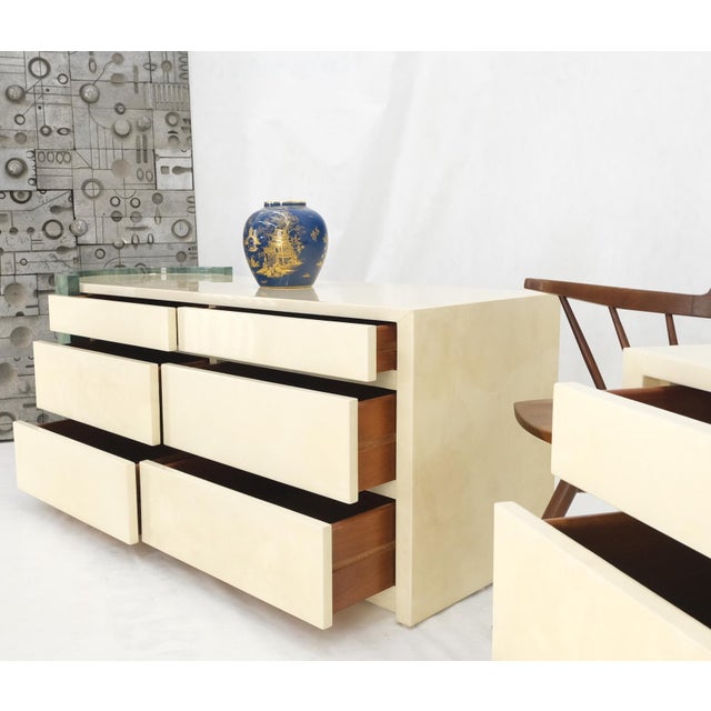 Two part side by side Racetrack Buffed Lacquered green & bone color goatskin dresser credenza mint! Attributed to Karl...