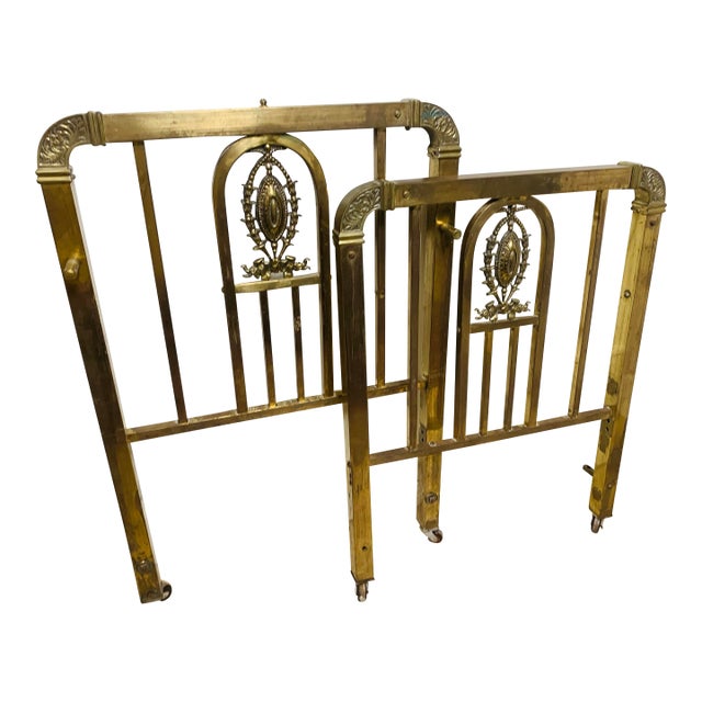 Antique Victorian Brass Children’s Twin Bed Headboards – Pair With Ornate Cast Medallions For Sale
