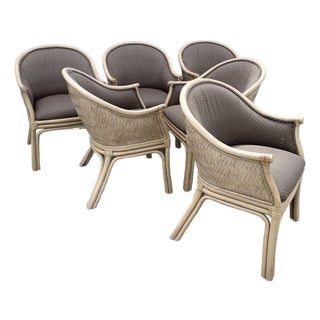 Boho Chic Rattan and Wicker Barrel Dining Chairs by Budji - Set of 6 For Sale