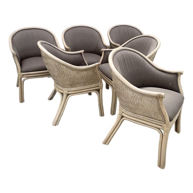Boho Chic Rattan and Wicker Barrel Dining Chairs by Budji - Set of 6 For Sale