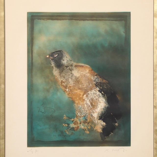 This lyrical Kaiko MOTI "L'Aiglon" Aqua-Tinted Color Etching, Signed in Graphite originated in India, circa 1970. The...