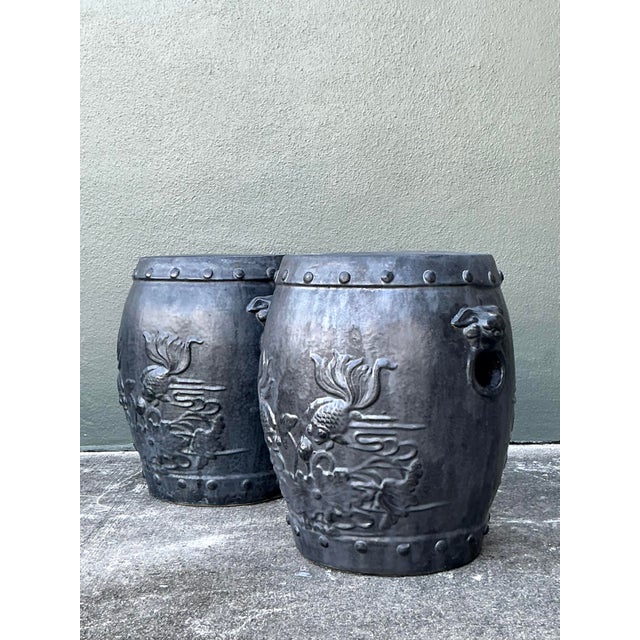 Late 20th Century Vintage Boho Lucky Fish Matte Ceramic Low Stools - A Pair For Sale - Image 5 of 12