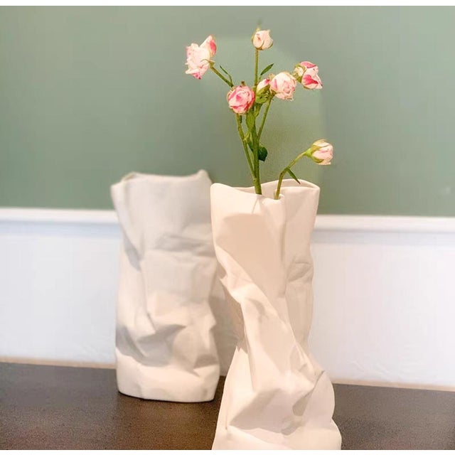 Contemporary Late 20th Century Folded White Ceramic Vase - A Pair For Sale - Image 3 of 6