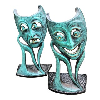 Vintage Mid Century Comedy & Tragedy Israeli Patinated Brass Bookends For Sale