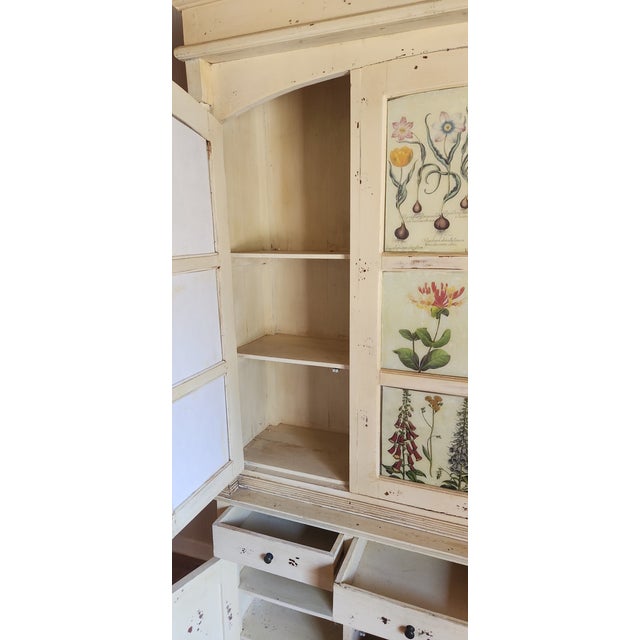 Distressed Antique White French Country Style China Cupboard Hutch With Shelves and Drawers For Sale - Image 9 of 10