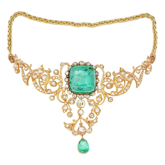 Gia Certified Belle Époque 14k & 22k Gold Necklace With 45.8ct Colombian Emeralds & 15.9ct Diamonds, Circa 1900 For Sale