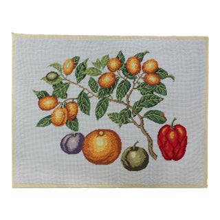 Vintage Needlework Fruit Branch Still Life – Rustic Textile Wall Art With Oranges and Berries For Sale