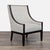 Features a dark wood frame with sleek, curved arms and a high back. The seat and backrest are upholstered in a light,...