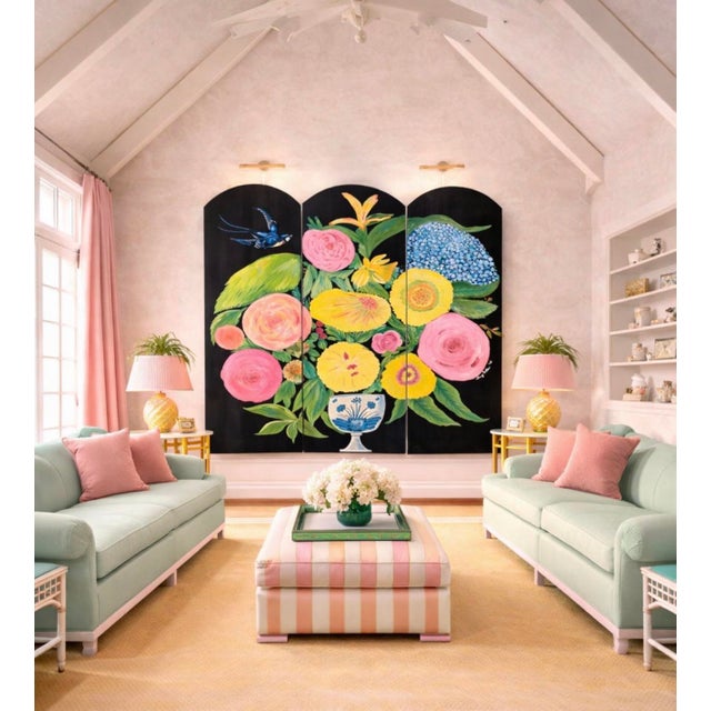 Oil painted folding screen with a Ira Yeager inspried floral. still life. Over the top color with cheerful details like a...