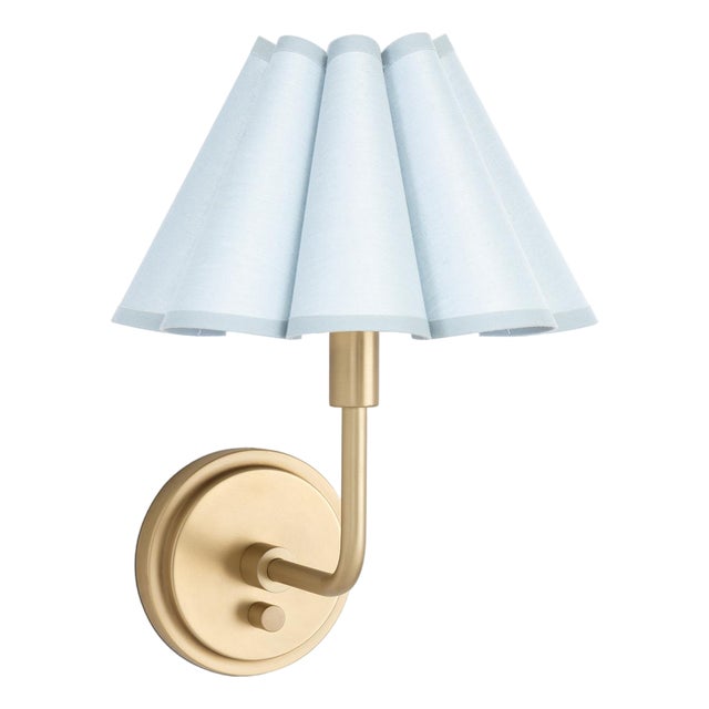 Polly Sconce Single, Natural Brass with Mist Blue Scalloped Shade For Sale