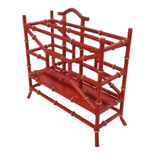 Vintage Red Faux Bamboo Magazine Rack Holder Painted Metal Two Compartment Hollywood Regency Palm Beach Style Gilt Accents For Sale