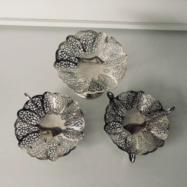 Vintage lace pattern set of 3 silver plate 1 compote and 2 candy dishes , makers mark reads " Lovelace International...