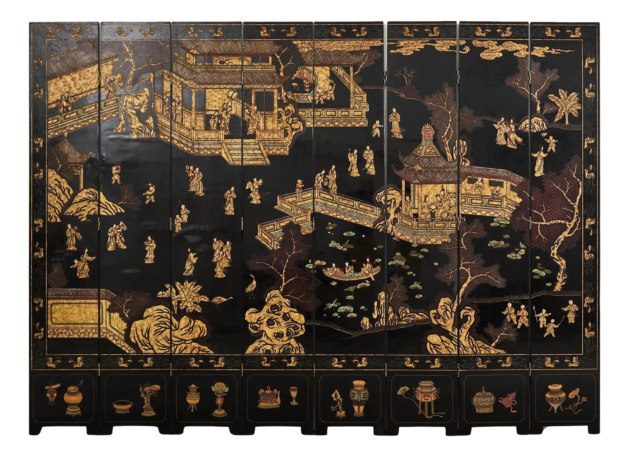 Grand Chinese Export Eight Panel Lacquered Coromandel Screen