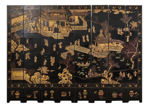 Grand Chinese Export Eight Panel Lacquered Coromandel Screen