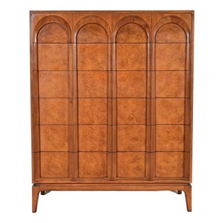 T. H. Robsjohn-Gibbings Style Cherry and Burl Wood Highboy Dresser by Thomasville, 1960s For Sale