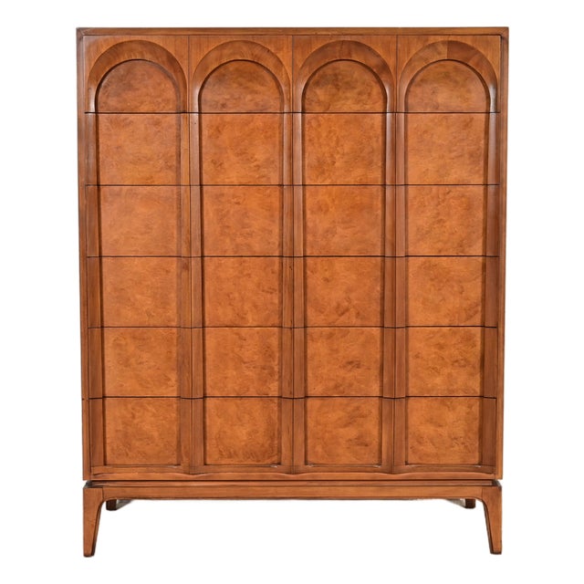 T. H. Robsjohn-Gibbings Style Cherry and Burl Wood Highboy Dresser by Thomasville, 1960s For Sale