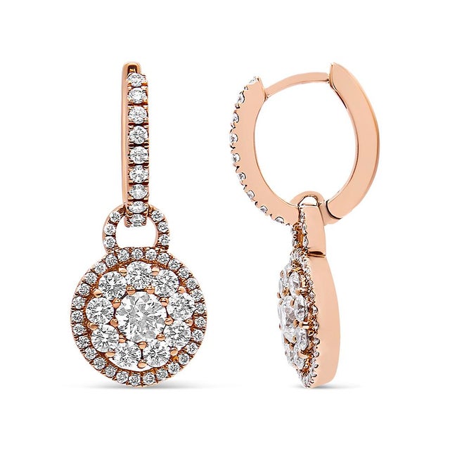 Contemporary 18K Rose Gold 1 1/2 Cttw Round Shaped Diamond Composite Drop and Dangle Leverback Earrings (F-G Color, VS1-VS2 Clarity) For Sale - Image 3 of 5