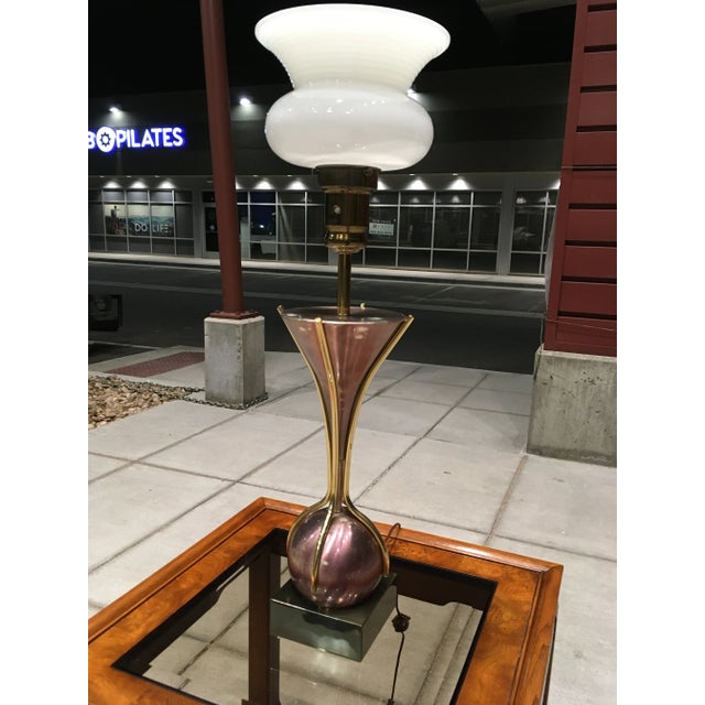 Metal Sculptural Purple Tulip Table Torchiere With Milk Glass Diffuser Manner of Gerald Thurston for Lightolier For Sale - Image 7 of 13