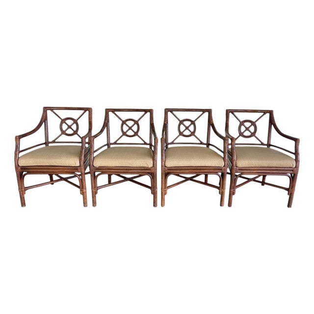 1990s Shelby Williams Target Back Rattan Dining Chairs, Set of Four, McGuire Style, Coastal, Regency, Palm Beach For Sale