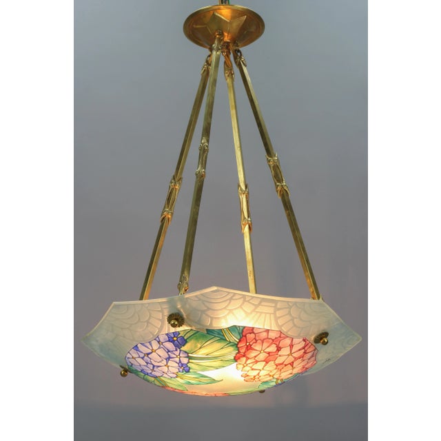 Blue Art Deco Enameled Glass Four-Light Pendant Chandelier from Loys Lucha, 1930s For Sale - Image 8 of 18