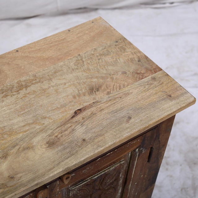 Indian Two-Door Nightstand Made From Antique Indian Teakwood Architectural Elements For Sale - Image 3 of 8