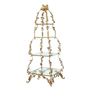 Gilt Metal Flowers Decorated Italian Pyramid Shape Display Shelves Etagere Table For Sale